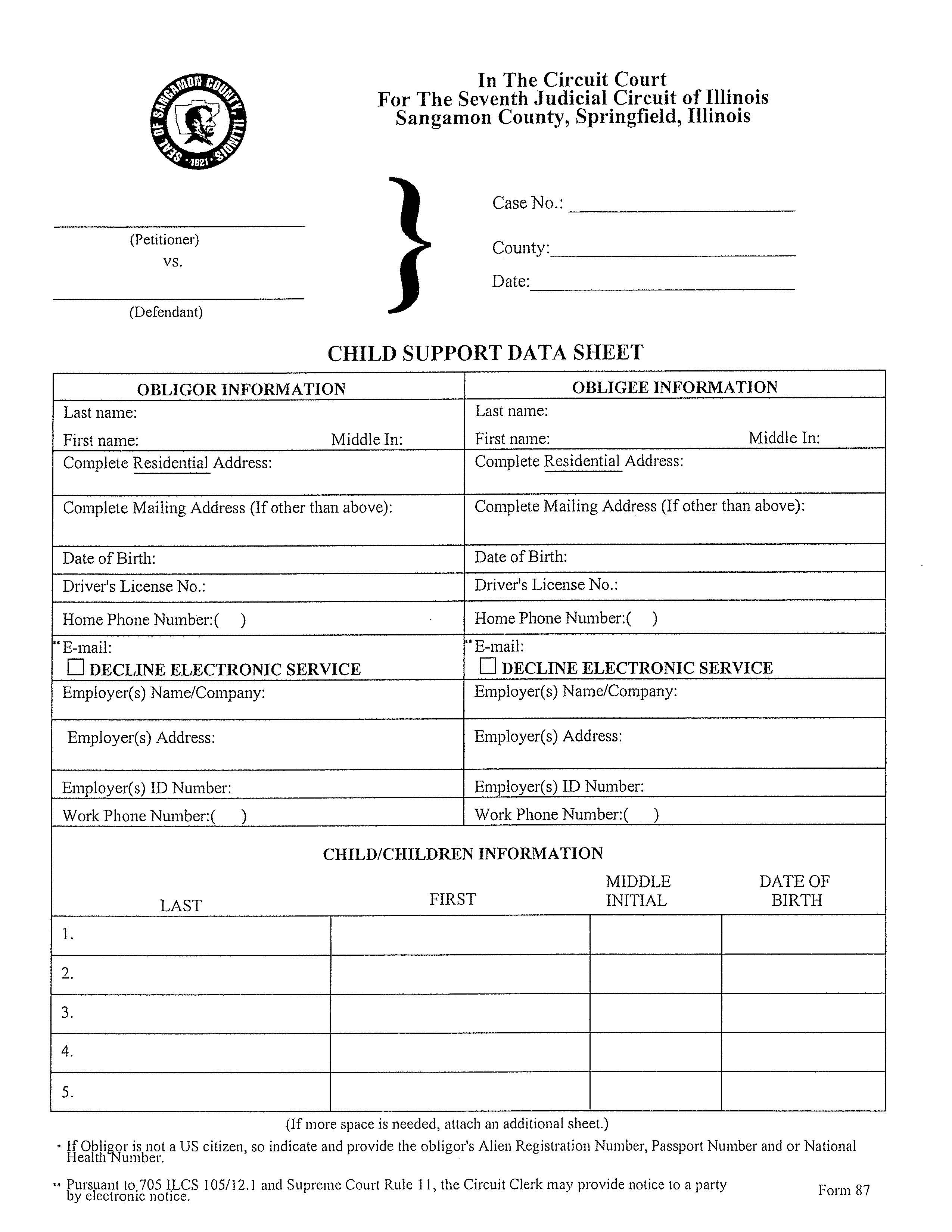 Child Support Data Sheet {87] | Pdf Fpdf Docx | Illinois